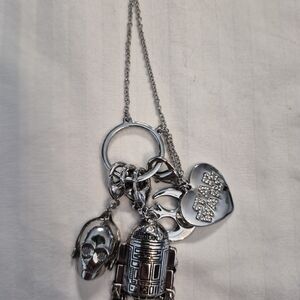Silver Star Wars Charm Necklace with R2-D2 and Heart Pendant